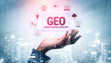Obraz premium Hands Holding Generative Engine Optimization Concept in Modern City Overlaid with Digital Icons and Technology Symbols for Marketing and Business Growth Strategies Fluxor.