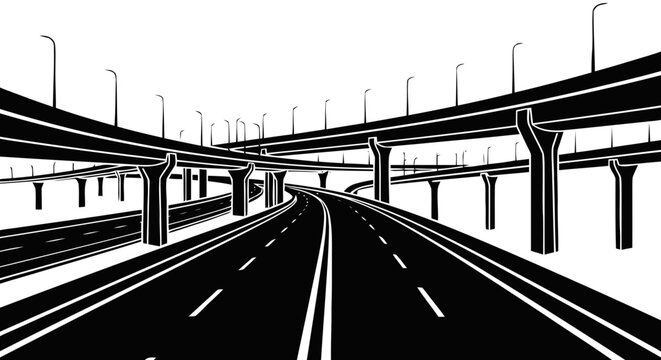 Vector illustration of highway overpass junction with multiple levels and roads on a transparent background