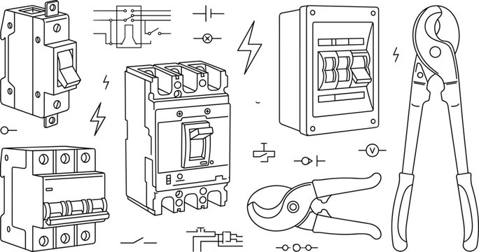 Electrical circuit breaker and cable cutter pliers vector outline icon set for residential wiring engineering design