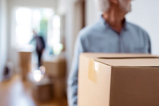 An older man carries a cardboard box while moving house. A senior retiree packing and relocating. Downsizing and new beginnings concept