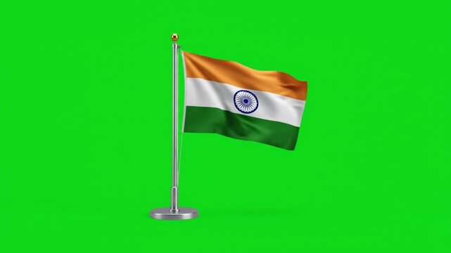 India National Flag Waving on Desk Pole Stand Against Green Screen Background for Global Projects 
