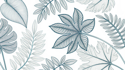 Fototapeta premium Minimalist tropical leaf line art pattern with palm fronds and monstera leaves on white background