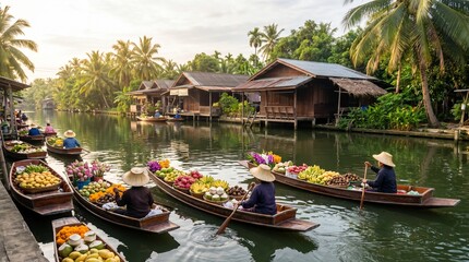 Obraz premium Thai floating market canal, Wooden boats with fruit and flowers, Tropical cultural travel scene, Morning water market landscape, Clean commercial view
