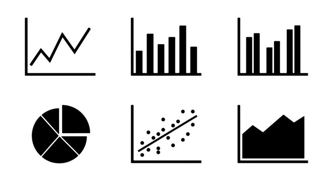 Diverse Data Visualization Icons: Line, Bar, Pie, Scatter Plots & Area Charts for Business Analytics