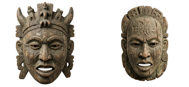 Two intricately carved wooden tribal masks with detailed geometric patterns isolated on transparent background