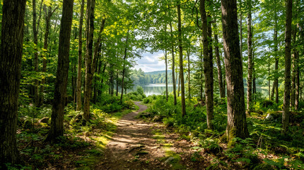Obraz premium Sunlit Forest Path Leading to a Serene Lake in Summer