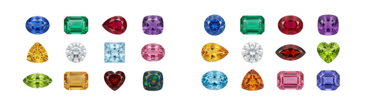 Collection of various colorful gemstones of different shapes isolated on transparent background