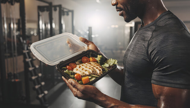 A muscular black man holding an open meal prep container with grilled chicken breast and fresh vegetables inside a gym, focusing on fitness nutrition and post-workout diet.