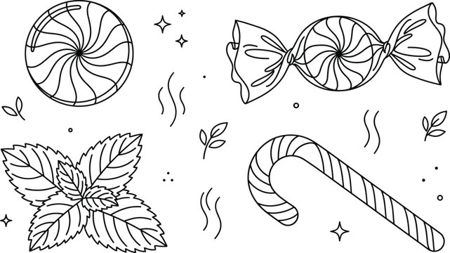 Peppermint candy and sweet cane vector outline icon set featuring fresh mint leaves and wrappers design