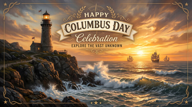 Happy Columbus Day Lighthouse Ocean Celebration Banner.