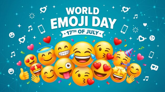 Colorful world emoji day banner with group of funny yellow faces on blue background.