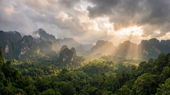 Thai limestone mountain valley, Storm clouds and golden light, Tropical jungle panorama, Dramatic nature travel scene, Atmospheric landscape background