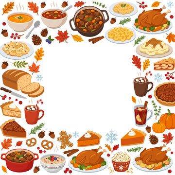 Thanksgiving Food and Autumn Leaves Border