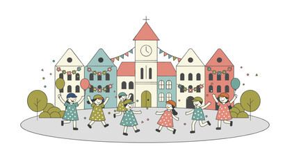 Obraz premium Children playing in a village square with a clock tower and colorful houses, festive scene for a childhood celebration.