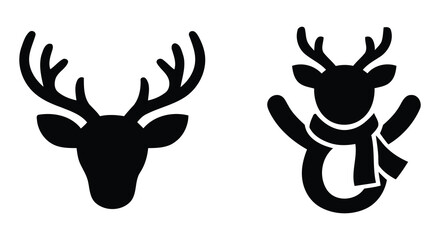 Black silhouettes of reindeer heads with antlers against a white background showcasing winter wildlife imagery buck deer elk fauna © MOTIUR