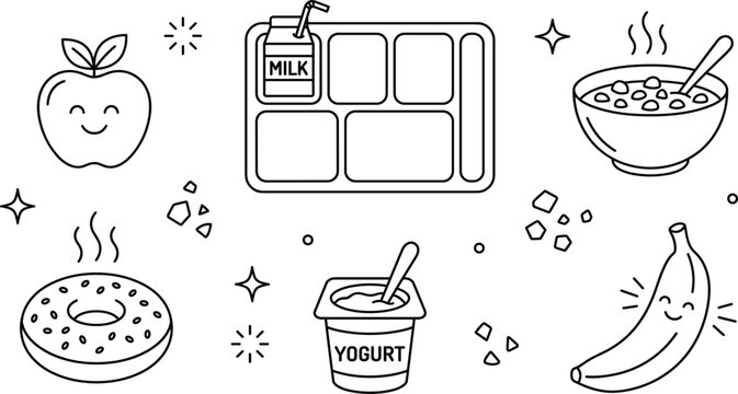 School lunch tray vector outline icon set featuring breakfast food milk yogurt fruit and donut design