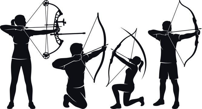 Archery Silhouette Vector Set with Male and Female Archers Aiming Compound Bows and Longbows