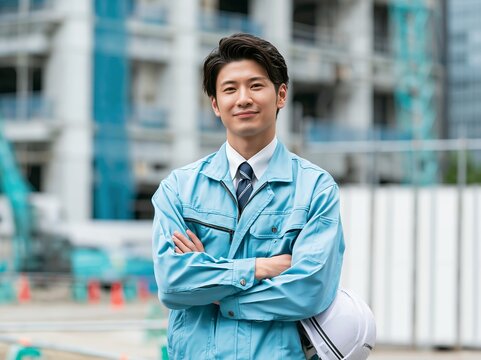 建設現場で働く笑顔の日本人男性技術者ビジネスイメージ