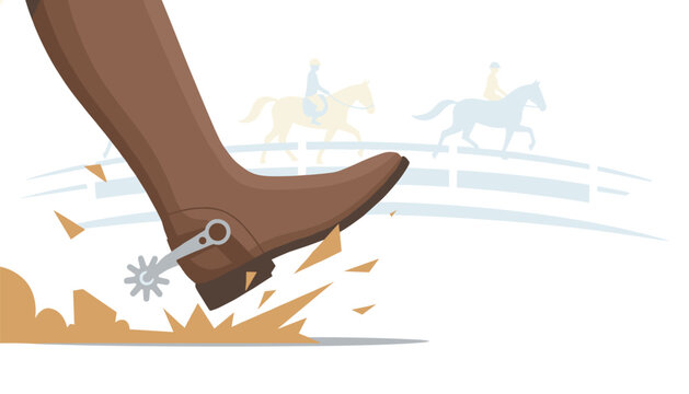 Cowboy boot with metal spur kicking up dust in front of blurred horse racing silhouettes equestrian sports and western tradition.