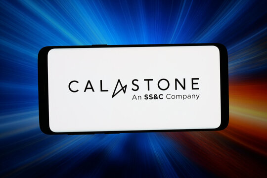 Stuttgart, Germany - 06-15-2026: In this photo illustration, the logo of fund transaction network company Calastone is displayed on a smartphone in front of abstract background on computer screen.