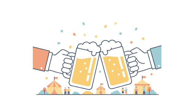 Two hands holding large beer mugs toast together at an outdoor festival with colorful tents and confetti falling in the background scene.