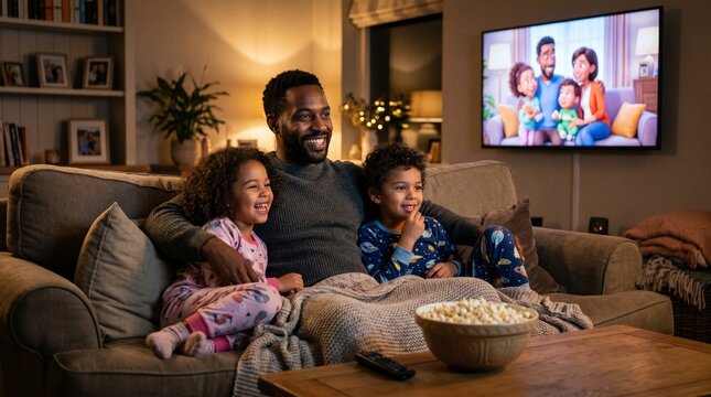 Black father and two young children enjoying movie night with popcorn on the couch
