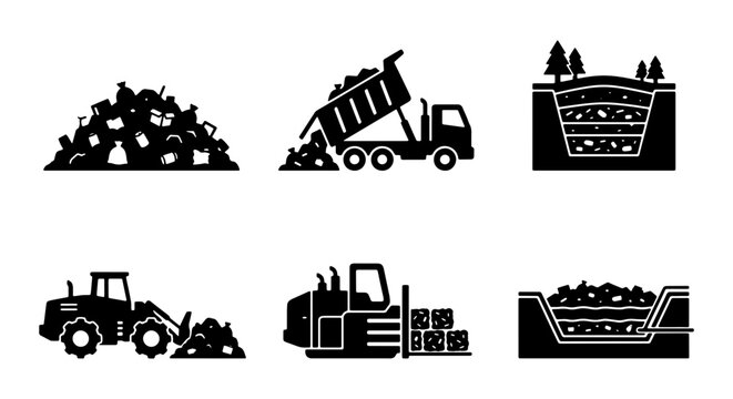 Waste Management Icons: Landfill, Dump Truck, Excavator, Compactor, Garbage Pile, Recycling Site