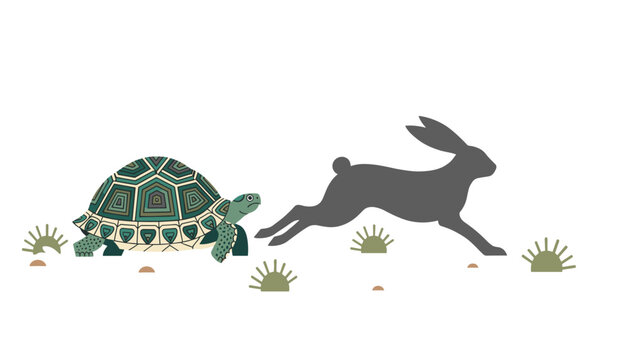 Silhouette of a running rabbit chasing a slow-moving tortoise in a classic fable race within a nature setting for competition and patience.