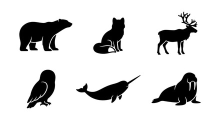 Arctic Wildlife Silhouettes: Polar Bear, Fox, Reindeer, Owl, Narwhal, Walrus Icons Set © Sazzad