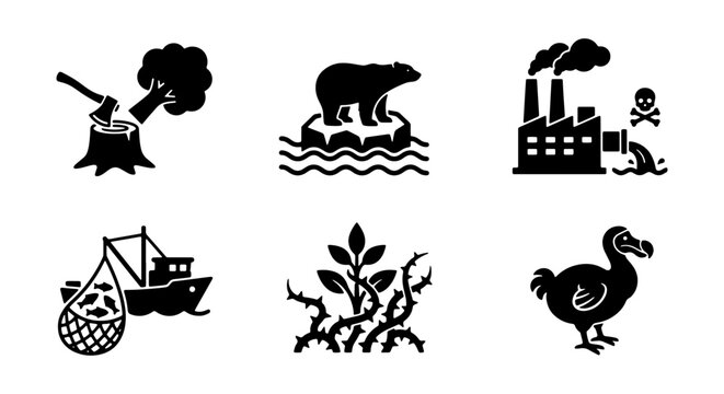Environmental Icons: Deforestation, Climate Change, Pollution, Overfishing, Invasive Species, Extinction