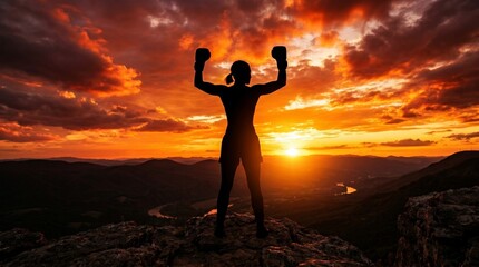 Silhouette of Female Boxer Raising Gloves at Dramatic Sunset Over Mountains Symbolizing Strength Determination Victory and World Boxing Day