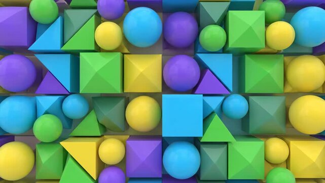 A colorful 3D abstract geometric pattern featuring a dense arrangement of matte green blue yellow and purple spheres cubes pyramids and blocks creating a modern vibrant decorative backdrop texture 