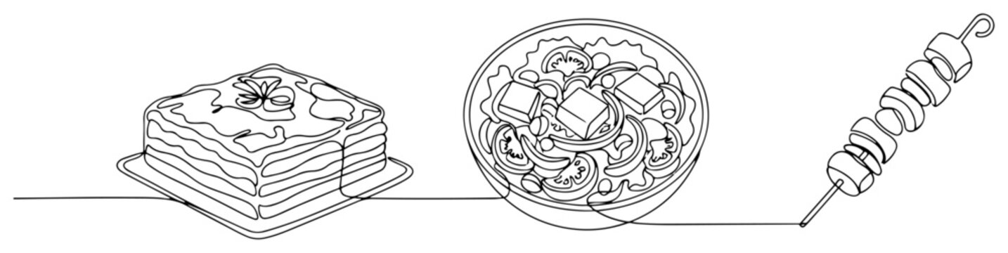 Lasagna greek salad and shish kebab in minimalist one line drawing style