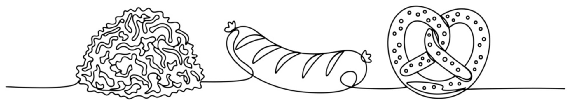 Fried rice sausage and pretzel in minimalist one line drawing style