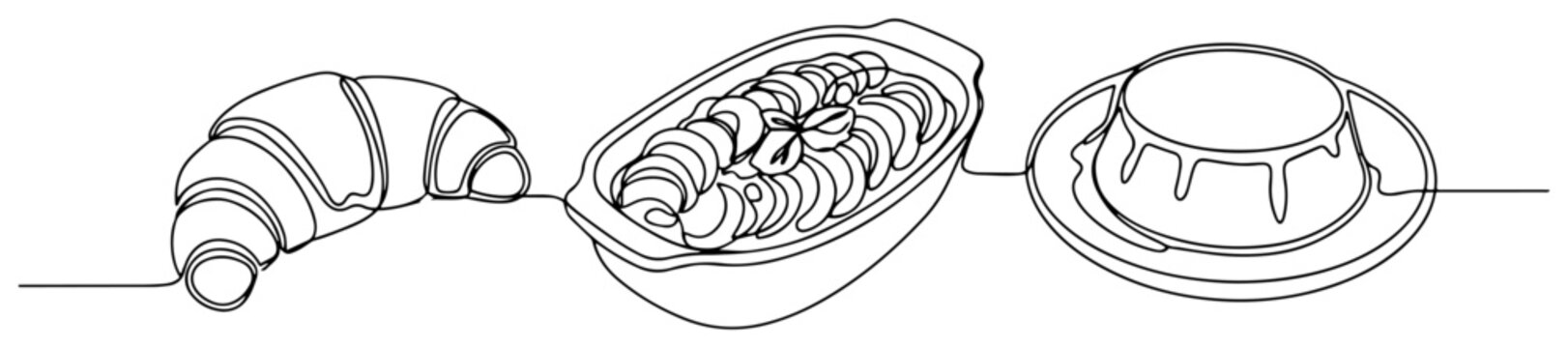 Croissant pasta dish and flan caramel dessert in continuous line art style