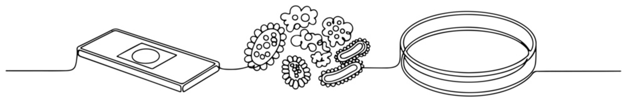 Laboratory microscope slide bacteria and petri dish in minimalist one line drawing style