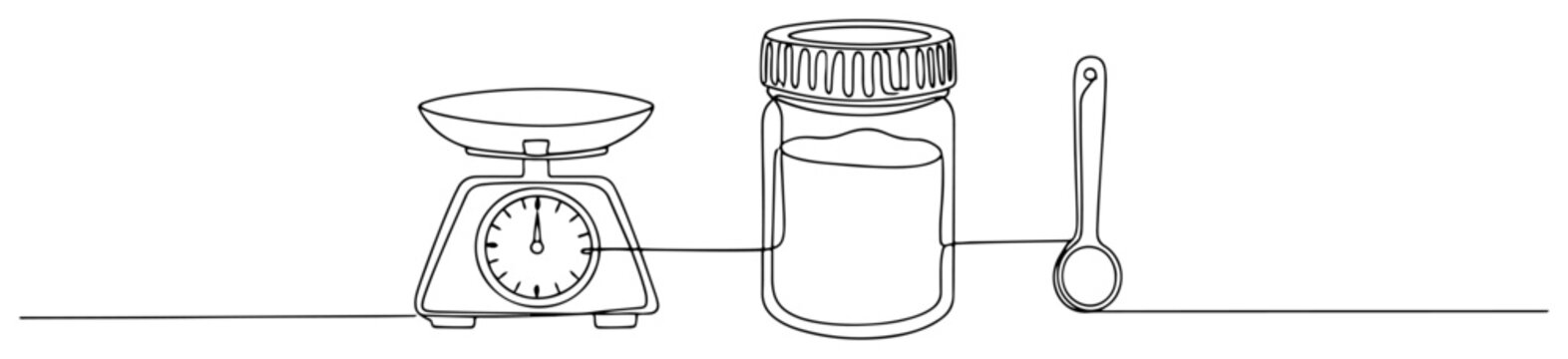 Kitchen scale jar and measuring spoon for cooking or lab work in continuous line art style