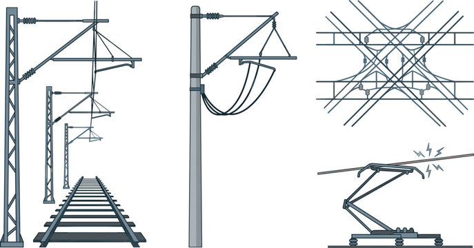 Railway Overhead Line Vector Set with Catenary System, Pantograph, Electric Train Power Poles, and Tracks