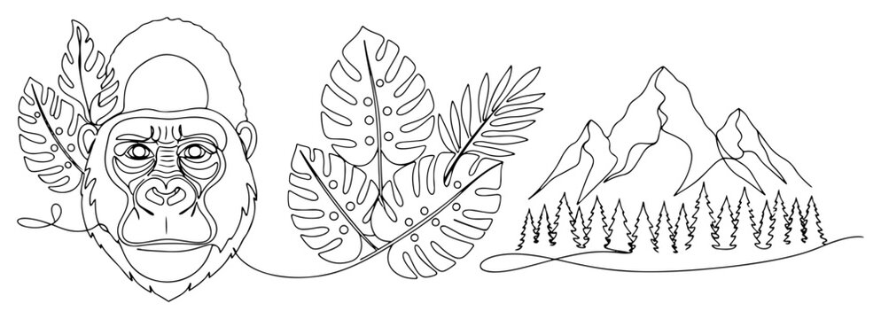 Gorilla head tropical leaves and mountain landscape in minimalist one line drawing style