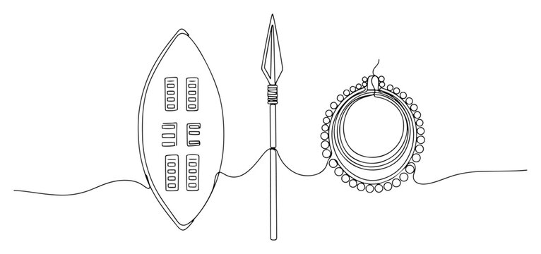 African tribal shield spear and traditional jewelry in minimalist one line drawing style