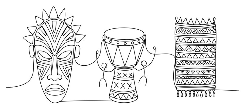 African tribal mask djembe drum and ethnic rug in continuous line art style