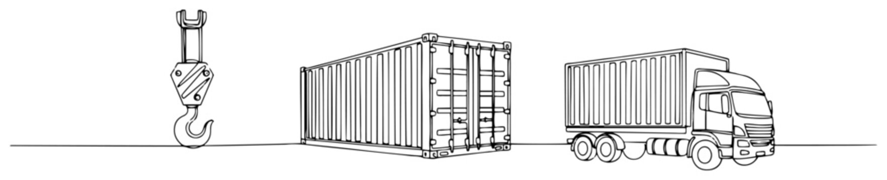 Shipping container crane hook and delivery truck in continuous line art style