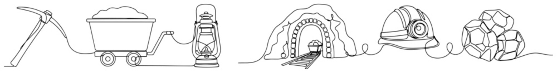Mining pickaxe with coal cart and lamp in minimalist continuous line art style © OnlyVector