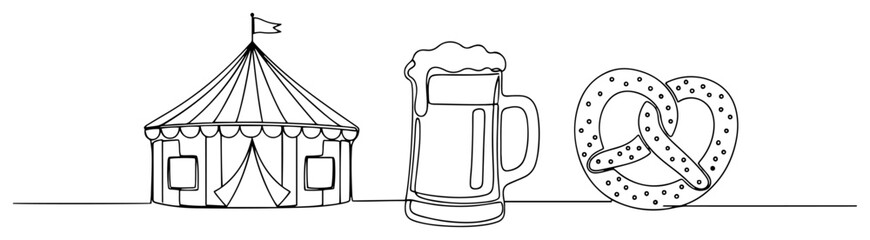 Oktoberfest tent beer mug and pretzel in continuous line art style © OnlyVector