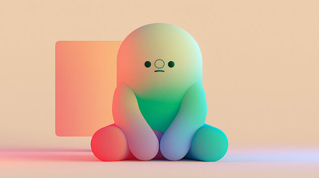 Sad Blob Character: A cute, colorful blob character with a sad expression sits dejectedly, its gradient colors shifting from warm red to cool blue. Its small.