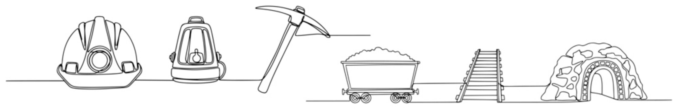 Mining equipment with pickaxe ore cart and tunnel in minimalist continuous line art style