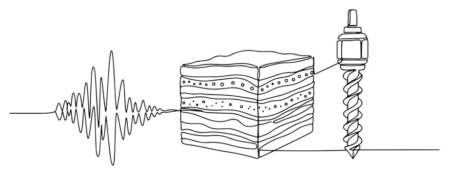 Seismic wave geological layers and drilling bit in minimalist one line drawing style