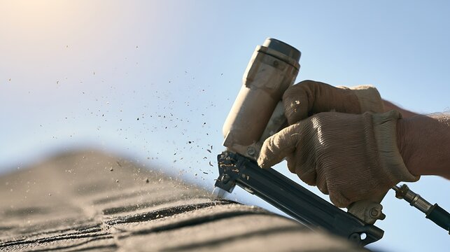 Extreme close-up of a roofer's hands wearing heavy duty work gloves
