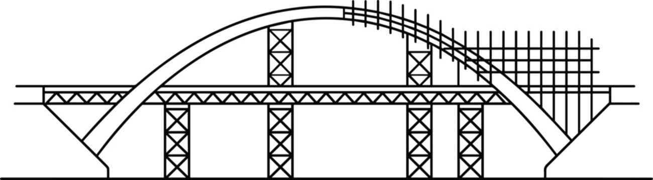 Arch bridge construction site vector outline illustration featuring steel scaffolding grid structure and engineering elements design