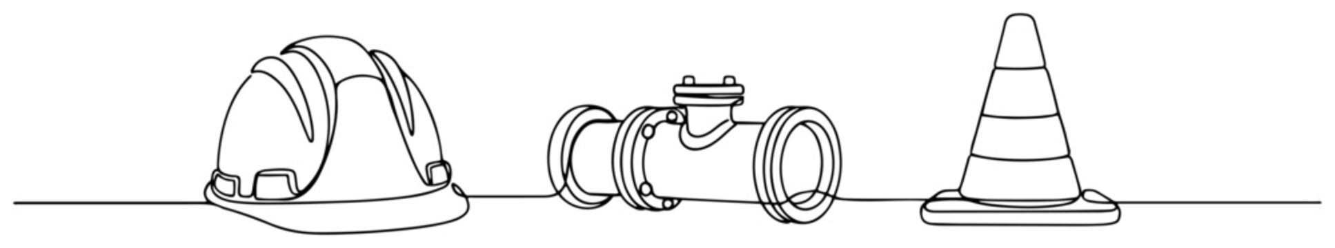 Safety helmet pipe fitting and traffic cone in minimalist one line drawing style